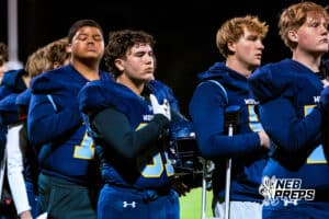 Concordia's Zach Klein (67) with his hand over his heart for the national anthem before a high school football game against Wahoo on Friday, October 24, 2025 in Omaha, Nebraska. Photo By Jack Stephens.