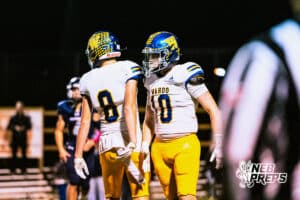 Wahoo's Josh Fox (8) and Logan Kelly (10) are celebrating after huge defensive stop during a high school football game at Concordia on Friday, October 24, 2025 in Omaha, Nebraska. Photo By Jack Stephens.