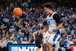 Creighton Bluejay Jasen Green (0) celebrates a dunk during a basketball game against Butler on Tuesday, Dec 30, 2025, in Omaha, Nebraska. Photo by Brandon Tiedemann.