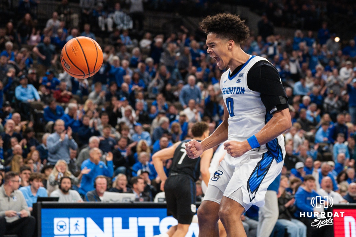 Creighton Bluejay Jasen Green (0) celebrates a dunk during a basketball game against Butler on Tuesday, Dec 30, 2025, in Omaha, Nebraska. Photo by Brandon Tiedemann.