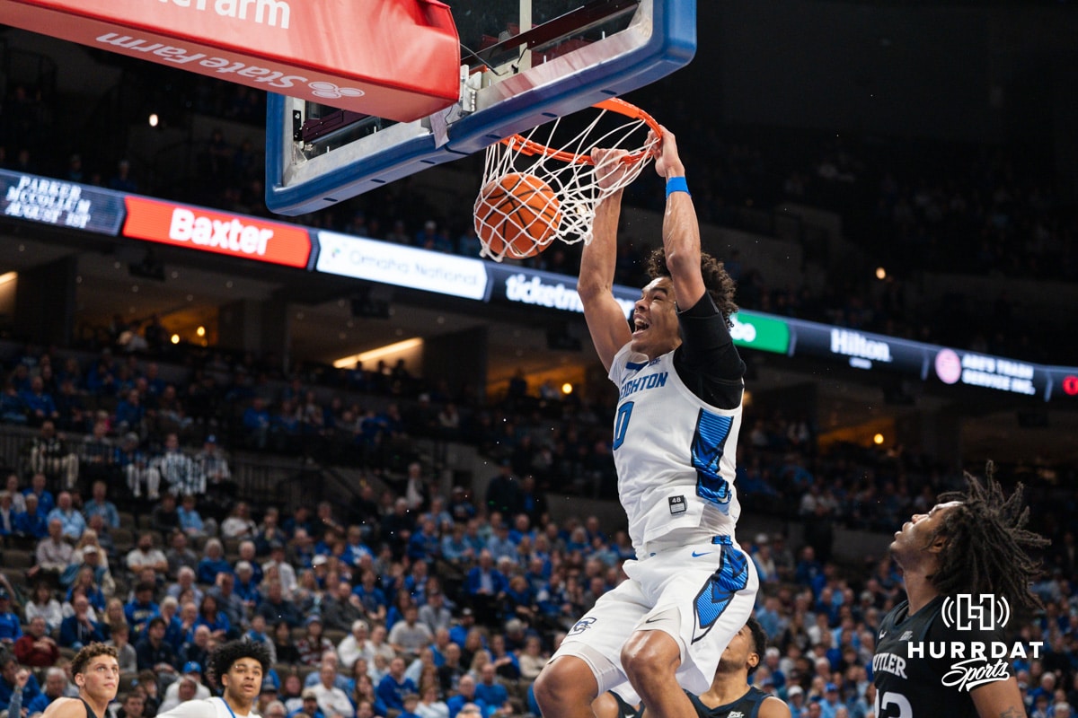 Creighton Bluejay Jasen Green (0)] dunks during a basketball game against Butler on Tuesday, Dec 30, 2025, in Omaha, Nebraska. Photo by Brandon Tiedemann.