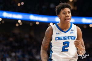 Creighton Bluejay Blake Harper (2) celebrates a Jasen Green (0) basket during a basketball game against Butler on Tuesday, Dec 30, 2025, in Omaha, Nebraska. Photo by Brandon Tiedemann.