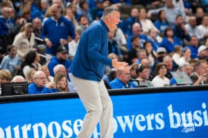 Creighton Bluejay head coach stands upset after a foul call during a basketball game against Butler on Tuesday, Dec 30, 2025, in Omaha, Nebraska. Photo by Brandon Tiedemann.