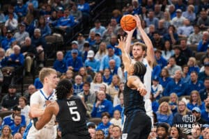 Creighton Bluejay Isaac Traudt (41) shoots a contested three pointer during a basketball game against Butler on Tuesday, Dec 30, 2025, in Omaha, Nebraska. Photo by Brandon Tiedemann.