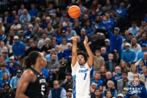 Creighton Bluejay Austin Swartz (1) shoots a wide open three during a basketball game against Butler on Tuesday, Dec 30, 2025, in Omaha, Nebraska. Photo by Brandon Tiedemann.