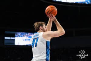 Creighton Bluejay Isaac Traudt (41) shoots a corner three pointer during a basketball game against Butler on Tuesday, Dec 30, 2025, in Omaha, Nebraska. Photo by Brandon Tiedemann.