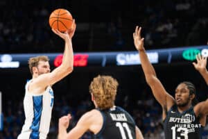 Creighton Bluejay Isaac Traudt (41) shoots a three pointer over Finley Bizjack (11) during a basketball game against Butler on Tuesday, Dec 30, 2025, in Omaha, Nebraska. Photo by Brandon Tiedemann.