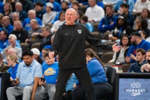 Butler Bulldogs head coach Thad Matta yells during a basketball game against Butler on Tuesday, Dec 30, 2025, in Omaha, Nebraska. Photo by Brandon Tiedemann.