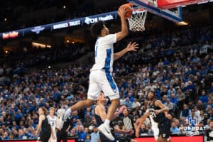 Creighton Bluejay Austin Swartz (1) catches a lob and shoots a lay up during a basketball game against Butler on Tuesday, Dec 30, 2025, in Omaha, Nebraska. Photo by Brandon Tiedemann.