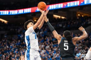 Creighton Bluejay Jasen Green (0) shoots over Michael Ajayi (5) during a basketball game against Butler on Tuesday, Dec 30, 2025, in Omaha, Nebraska. Photo by Brandon Tiedemann.