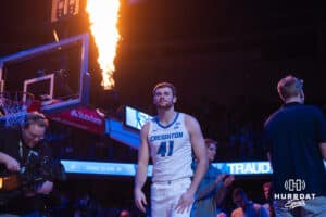 Creighton Bluejay Isaac Traudt (41) gets introduced during a basketball game against Butler on Tuesday, Dec 30, 2025, in Omaha, Nebraska. Photo by Brandon Tiedemann.