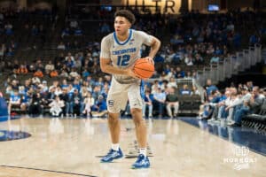 Creighton Bluejay Shane Thomas (12) looks to pass during a basketball game against Utah Tech on Monday, Dec 22, 2025, in Omaha, Nebraska. Photo by Brandon Tiedemann.