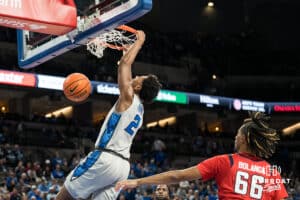 Creighton Bluejay Blake Harper (2) dunks during a basketball game against Utah Tech on Monday, Dec 22, 2025, in Omaha, Nebraska. Photo by Brandon Tiedemann.
