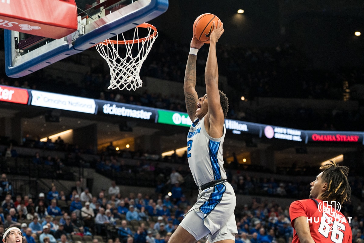 Creighton Bluejay Blake Harper (2) prepares to dunk during a basketball game against Utah Tech on Monday, Dec 22, 2025, in Omaha, Nebraska. Photo by Brandon Tiedemann.