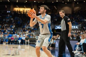 Creighton Bluejay Fedor Žugić (7) shoots a three pointer during a basketball game against Utah Tech on Monday, Dec 22, 2025, in Omaha, Nebraska. Photo by Brandon Tiedemann.