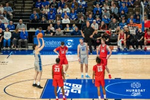 Creighton Bluejay Kerem Konan (17) shoots a free throw during a basketball game against Utah Tech on Monday, Dec 22, 2025, in Omaha, Nebraska. Photo by Brandon Tiedemann.