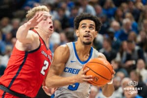Creighton Bluejay Nik Graves (5) drives to the hoop during a basketball game against Utah Tech on Monday, Dec 22, 2025, in Omaha, Nebraska. Photo by Brandon Tiedemann.