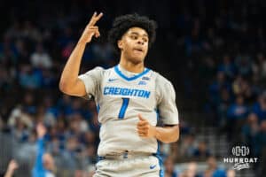 Creighton Bluejay Austin Swartz (1) celebrates a three pointer during a basketball game against Utah Tech on Monday, Dec 22, 2025, in Omaha, Nebraska. Photo by Brandon Tiedemann.