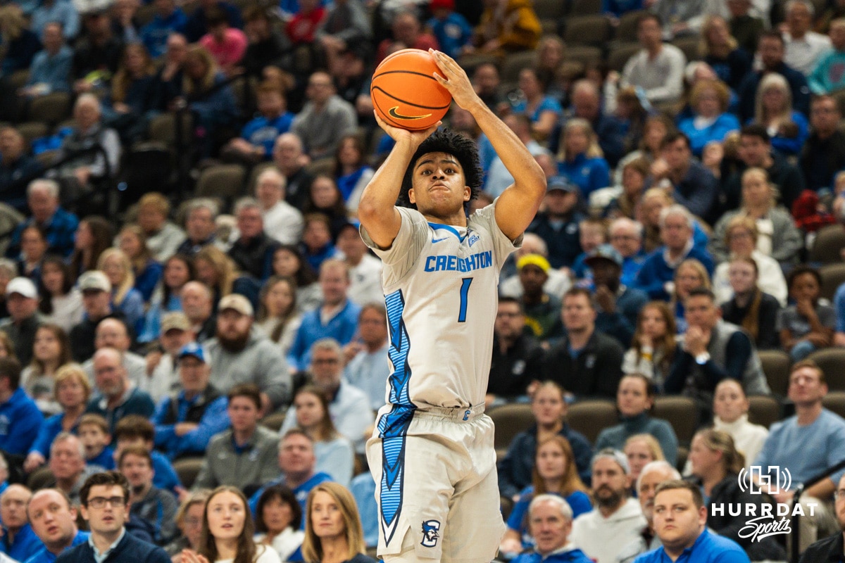 Creighton Bluejay Austin Swartz (1) shoots a wide open three pointer during a basketball game against Utah Tech on Monday, Dec 22, 2025, in Omaha, Nebraska. Photo by Brandon Tiedemann.