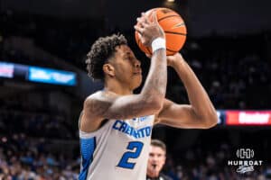 Creighton Bluejay Blake Harper (2) attempts a three during a basketball game against Utah Tech on Monday, Dec 22, 2025, in Omaha, Nebraska. Photo by Brandon Tiedemann.