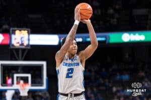Creighton Bluejay Blake Harper (2) shoots a three pointer during a basketball game against Utah Tech on Monday, Dec 22, 2025, in Omaha, Nebraska. Photo by Brandon Tiedemann.