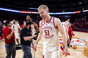 Nebraska Cornhusker forward Rienk Mast (51) heads to the locker room after the win over the North Dakota Fighting Hawks during a college basketball game on Sunday, Dec. 21, 2025, in Lincoln, Nebraska. Photo by John S. Peterson.