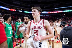 Nebraska Cornhusker forward Pryce Sandfort (21) heads to the locker room after the win over the North Dakota Fighting Hawks during a college basketball game on Sunday, Dec. 21, 2025, in Lincoln, Nebraska. Photo by John S. Peterson.