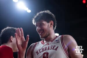 Nebraska Cornhusker forward Berke Büyüktuncel (9) heads to the bench for a break against the North Dakota Fighting Hawks in the second half during a college basketball game on Sunday, Dec. 21, 2025, in Lincoln, Nebraska. Photo by John S. Peterson.
