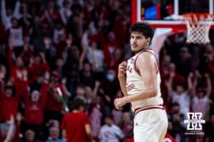 Nebraska Cornhusker forward Berke Büyüktuncel (9) celebrates making a three point shot against the North Dakota Fighting Hawks in the second half during a college basketball game on Sunday, Dec. 21, 2025, in Lincoln, Nebraska. Photo by John S. Peterson.