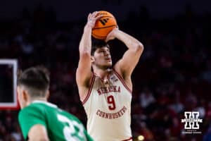 Nebraska Cornhusker forward Berke Büyüktuncel (9) makes a free throw against the North Dakota Fighting Hawks in the second half during a college basketball game on Sunday, Dec. 21, 2025, in Lincoln, Nebraska. Photo by John S. Peterson.