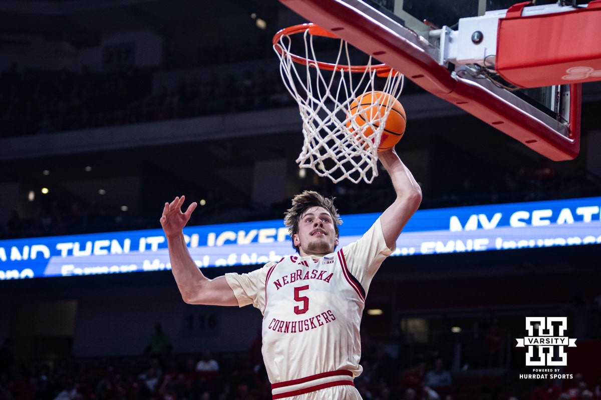 Nebraska Cornhusker forward Braden Frager (5) dunks the ball against the North Dakota Fighting Hawks in the second half during a college basketball game on Sunday, Dec. 21, 2025, in Lincoln, Nebraska. Photo by John S. Peterson.