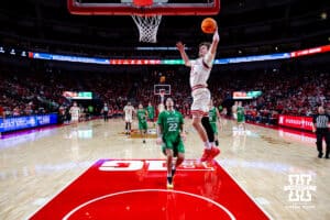 Nebraska Cornhusker forward Braden Frager (5) makes dunk against the North Dakota Fighting Hawks in the second half during a college basketball game on Sunday, Dec. 21, 2025, in Lincoln, Nebraska. Photo by John S. Peterson.