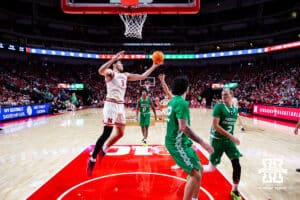 Nebraska Cornhusker forward Berke Büyüktuncel (9) reaches for the rebound against the North Dakota Fighting Hawks in the second half during a college basketball game on Sunday, Dec. 21, 2025, in Lincoln, Nebraska. Photo by John S. Peterson.
