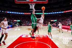 Nebraska Cornhusker forward Braden Frager (5) makes a lay up against the North Dakota Fighting Hawks in the second half during a college basketball game on Sunday, Dec. 21, 2025, in Lincoln, Nebraska. Photo by John S. Peterson.