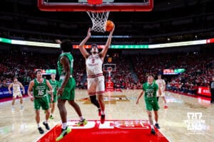 Nebraska Cornhusker forward Berke Büyüktuncel (9) makes a lay up against the North Dakota Fighting Hawks in the second half during a college basketball game on Sunday, Dec. 21, 2025, in Lincoln, Nebraska. Photo by John S. Peterson.