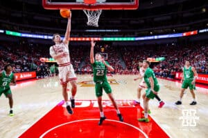 Nebraska Cornhusker guard Cale Jacobsen (31) makes a lay up against the North Dakota Fighting Hawks in the second half during a college basketball game on Sunday, Dec. 21, 2025, in Lincoln, Nebraska. Photo by John S. Peterson.