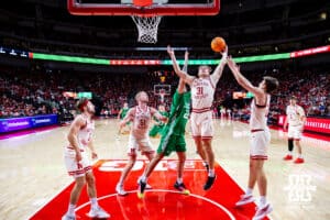Nebraska Cornhusker guard Cale Jacobsen (31) grabs the rebound against the North Dakota Fighting Hawks in the second half during a college basketball game on Sunday, Dec. 21, 2025, in Lincoln, Nebraska. Photo by John S. Peterson.