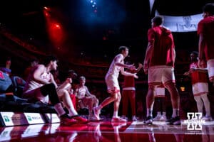 Nebraska Cornhusker forward Pryce Sandfort (21) introduced to the fans before a college basketball game against the North Dakota Fighting Hawks on Sunday, Dec. 21, 2025, in Lincoln, Nebraska. Photo by John S. Peterson.