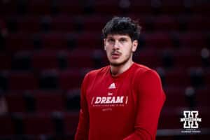 Nebraska Cornhusker forward Berke Büyüktuncel (9) warms up before taking on the North Dakota Fighting Hawks during a college basketball game on Sunday, Dec. 21, 2025, in Lincoln, Nebraska. Photo by John S. Peterson.