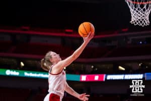 Nebraska Cornhusker guard Claire Johnson (5) makes a lay up against the California Baptist Lancers in the fourth quarter during a college basketball game on Sunday, Dec. 21, 2025, in Lincoln, Nebraska. Photo by John S. Peterson.