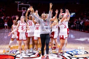 Nebraska Cornhuskers waves to the fans after the win over California Baptist Lancers during a college basketball game on Sunday, Dec. 21, 2025, in Lincoln, Nebraska. Photo by John S. Peterson.