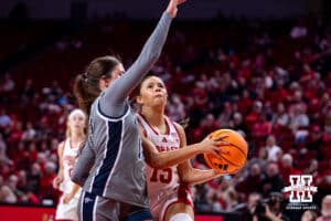 Nebraska Cornhusker guard Kennadi Williams (15) drives to the basket for a lay up against the California Baptist Lancers in the fourth quarter during a college basketball game on Sunday, Dec. 21, 2025, in Lincoln, Nebraska. Photo by John S. Peterson.