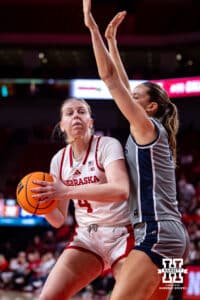 Nebraska Cornhusker forward Petra Bozan (4) makes a basket against the California Baptist Lancers in the fourth quarter during a college basketball game on Sunday, Dec. 21, 2025, in Lincoln, Nebraska. Photo by John S. Peterson.