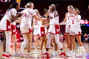 Nebraska Cornhuskers celebrates at basket by Hailey Weaver in the fourth quarter against the California Baptist Lancers during a college basketball game on Sunday, Dec. 21, 2025, in Lincoln, Nebraska. Photo by John S. Peterson.