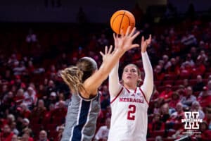 Nebraska Cornhusker guard Logan Nissley (2) makes a three point shot against the California Baptist Lancers in the third quarter during a college basketball game on Sunday, Dec. 21, 2025, in Lincoln, Nebraska. Photo by John S. Peterson.