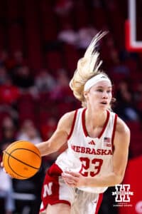 Nebraska Cornhusker guard Britt Prince (23) dribbles the ball down the court against the California Baptist Lancers in the third quarter during a college basketball game on Sunday, Dec. 21, 2025, in Lincoln, Nebraska. Photo by John S. Peterson.