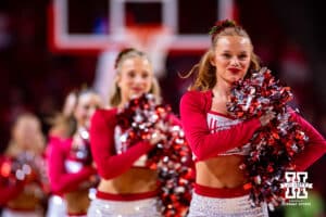 Nebraska Cornhuskers dance team the Scarlets perform at a break in the action against the California Baptist Lancers during a college basketball game on Sunday, Dec. 21, 2025, in Lincoln, Nebraska. Photo by John S. Peterson.