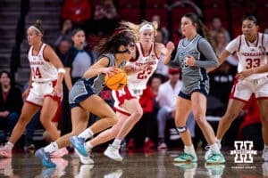 Nebraska Cornhusker guard Britt Prince (23) guards California Baptist Lancer guard Filipa Barros (5) in the third quarter during a college basketball game on Sunday, Dec. 21, 2025, in Lincoln, Nebraska. Photo by John S. Peterson.