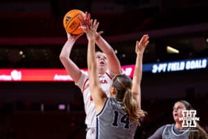 Nebraska Cornhusker forward Petra Bozan (4) makes a lay up against California Baptist Lancer forward Emma Johansson (14) in the third quarter during a college basketball game on Sunday, Dec. 21, 2025, in Lincoln, Nebraska. Photo by John S. Peterson.