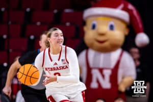 Nebraska Cornhusker guard Logan Nissley (2) bring the ball down the court against the California Baptist Lancers in the third quarter during a college basketball game on Sunday, Dec. 21, 2025, in Lincoln, Nebraska. Photo by John S. Peterson.